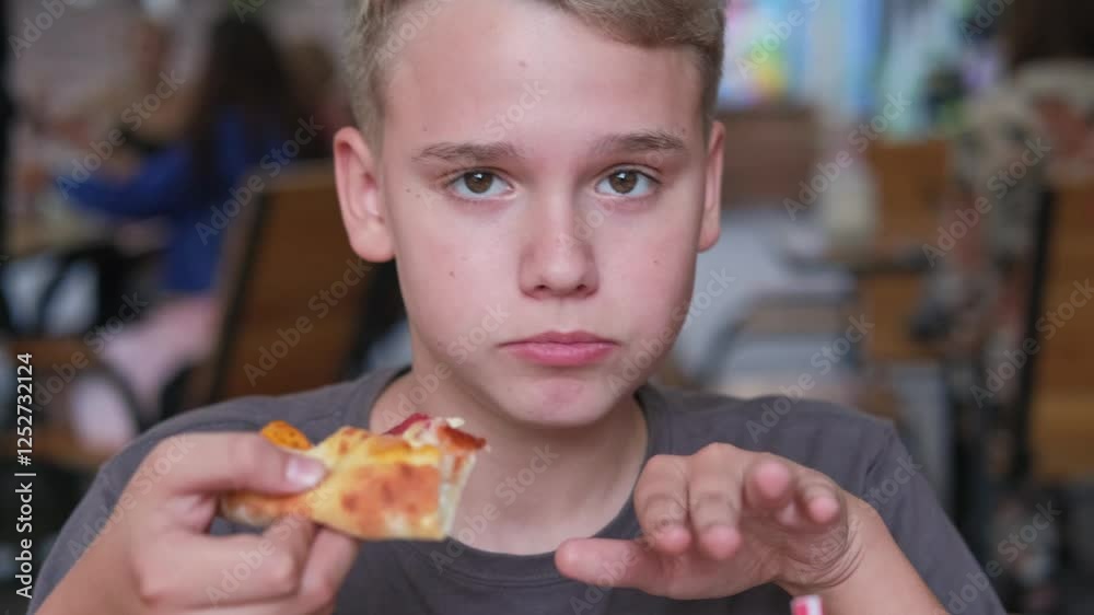 Teenager happily eats pizza and dances while looking at camera in cafe. Close up of teenage boy's face Teenager happily eats pizza and dances while looking at camera in cafe. Close up of teenage boy's face