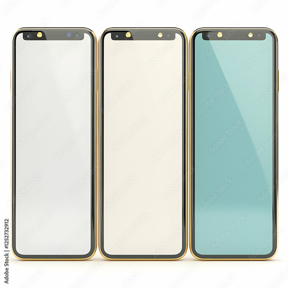 Three smartphones, white, beige, teal screens, mockups Three smartphones, white, beige, teal screens, mockups