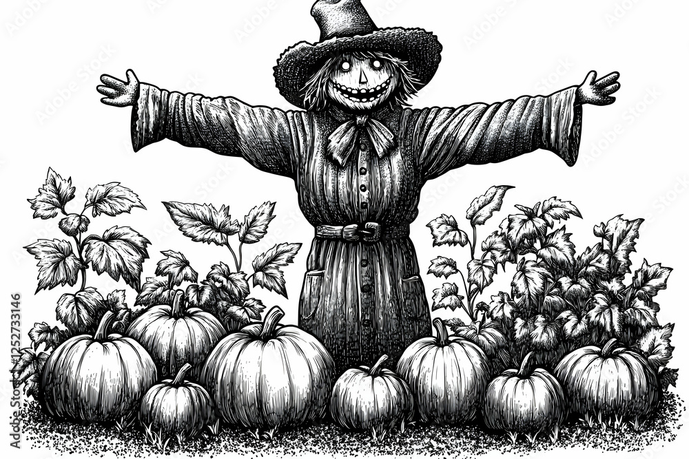 Fototapeta premium Scarecrow in Pumpkin Patch Illustration