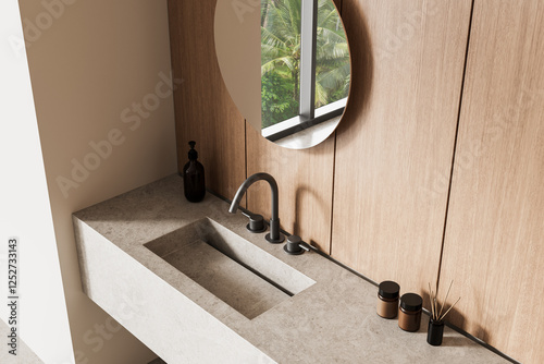 Fotografía Modern bathroom vanity with wood paneling and stylish fixtures