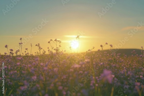 Beautiful sunset over a field of wildflowers in a serene rural landscape