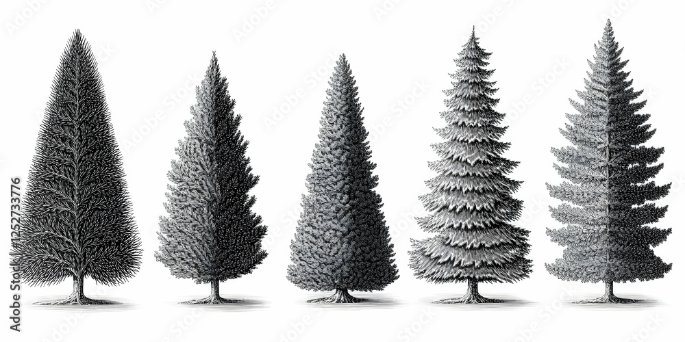 Fototapeta premium Five Evergreen Trees Illustration