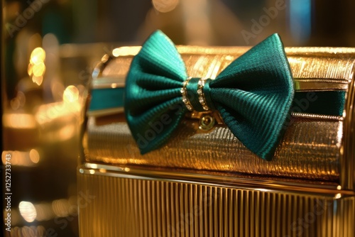 Elegant gold clutch with teal bow accent displayed in a luxury boutique