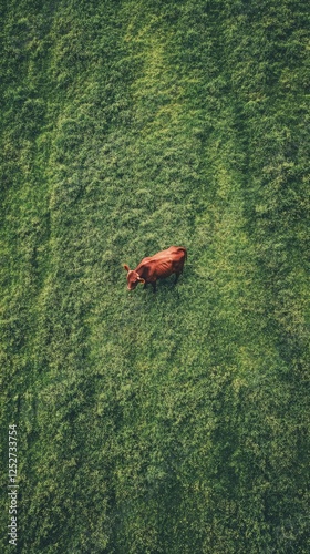 Brown cow grazing on lush green pasture during bright daylight