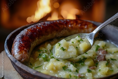Close-up of a spoon scooping Papet Vaudois, creamy green mixture of small pieces of potatoes and leeks, with sausage, in a Swiss chalet