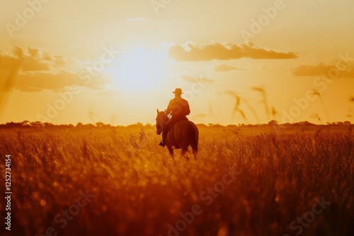 Rider on horseback enjoys sunset in wide open field during golden hour