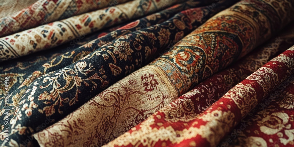 Rolls of vibrant and intricate printed cloth patterns for upholstery or fashion.