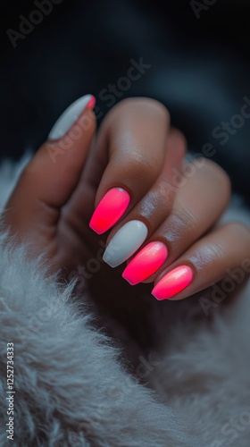Stylish bright pink and white long nail design showcased on a manicured hand ...