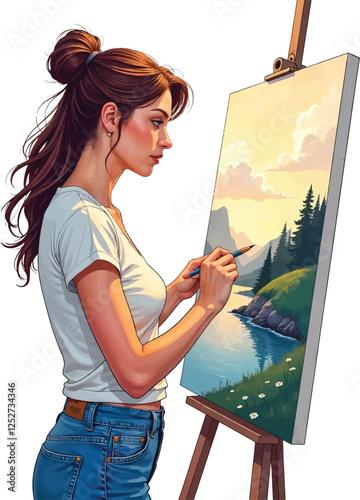 Vector image of a female artist doing the activity of painting a landscape on canvas.