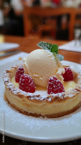 Delicious raspberry tart with ice cream served on a plate in a cozy restauran...