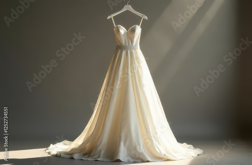 A white wedding dress on a gray background. Choosing a dress. Wedding dress trends advertising