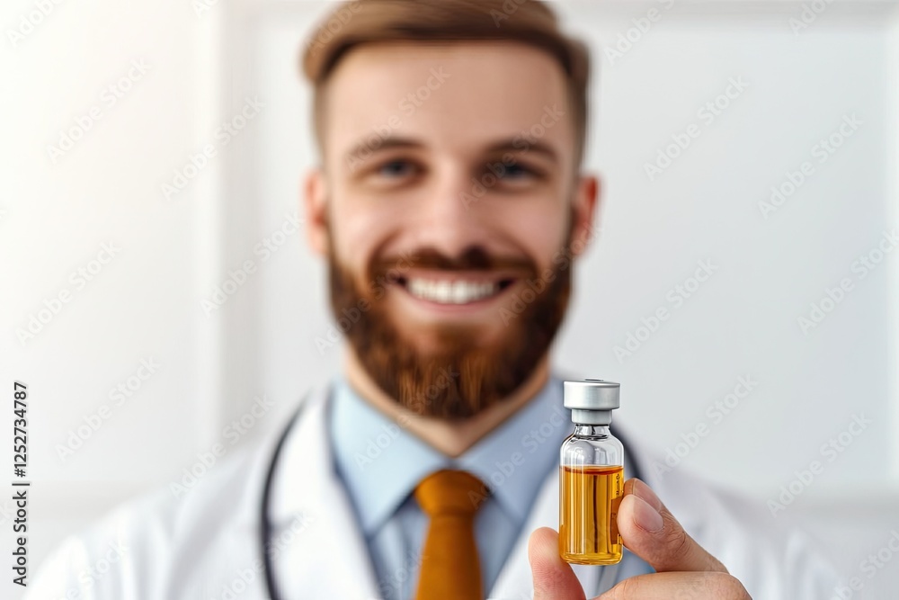A smiling doctor holds a small vial of medicine, highlighting his professional demeanor and the importance of healthcare. A smiling doctor holds a small vial of medicine, highlighting his professional demeanor and the importance of healthcare.