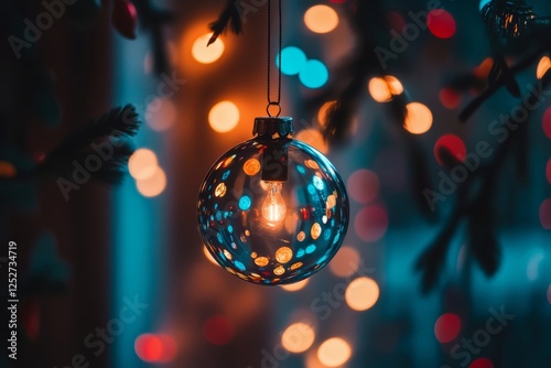 Colorful Christmas ornament hanging from tree with blurred festive lights in ...