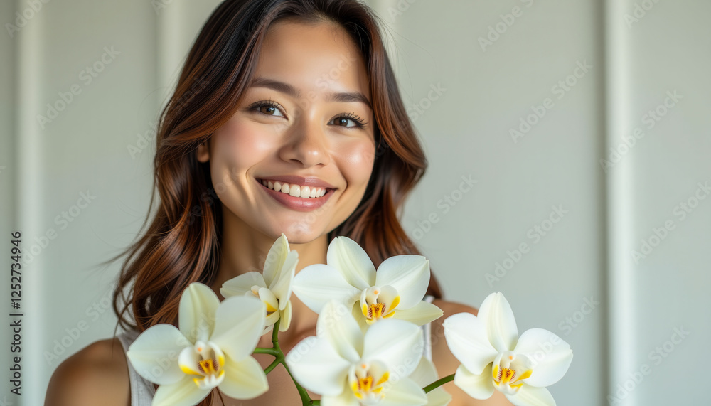 A woman is smiling and holding a bouquet of white flowers. The flowers are in a vase and the woman is standing in front of a window A woman is smiling and holding a bouquet of white flowers. The flowers are in a vase and the woman is standing in front of a window