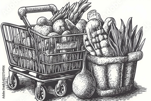 Grocery Shopping Cart Illus...