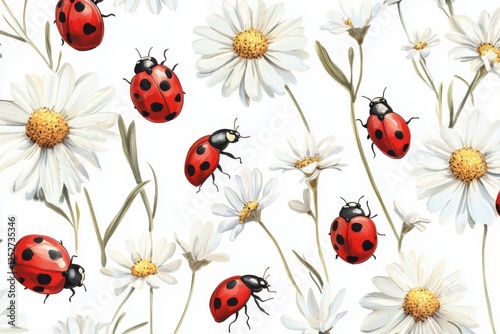 Bright red ladybugs among white daisies on a light background