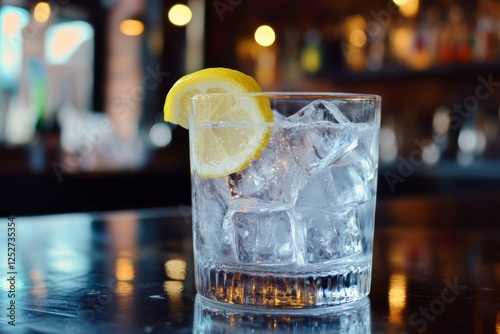 Refreshing drink with lemon slice and ice on a marble counter in bright light