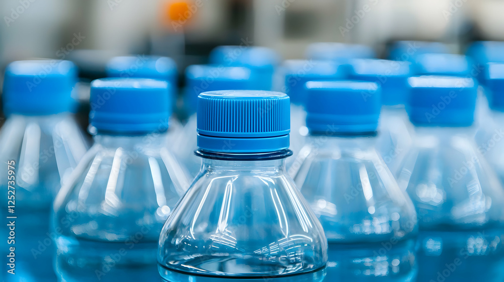Rows of recyclable water bottles with vibrant blue caps in a clean, modern arrangement Rows of recyclable water bottles with vibrant blue caps in a clean, modern arrangement