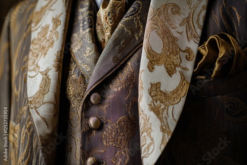 Elegant floral embroidered suit displayed in fashion exhibition under dramati...