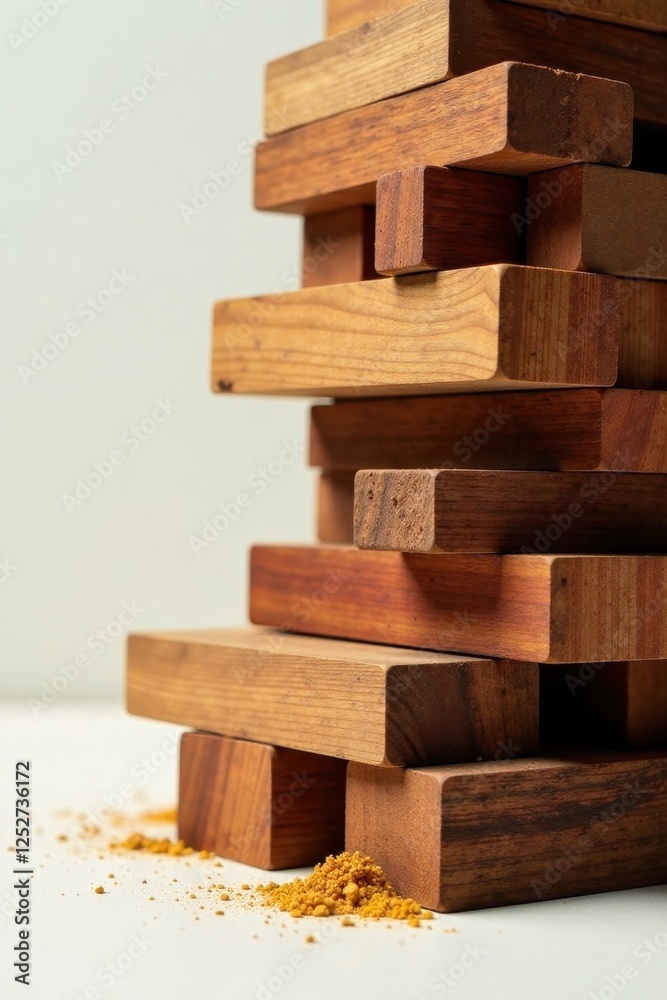 A precarious stack of smooth wooden blocks, a delicate tower of rectangular shapes, rests on a pale surface, a scattering of fine golden powder at its base. A precarious stack of smooth wooden blocks, a delicate tower of rectangular shapes, rests on a pale surface, a scattering of fine golden powder at its base.