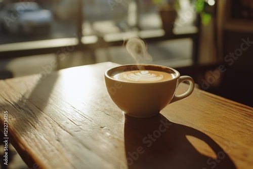 Warm coffee cup resting on wooden table in cozy cafe during morning hours