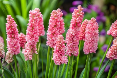 Bright pink flowers bloom in a vibrant garden setting during spring season
