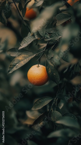 Fresh orange hanging from tree branch in vibrant orchard during sunset