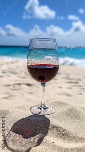 Enjoying red wine by the peaceful beach during sunset with soft waves crashin...
