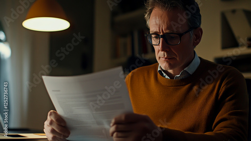 A professional businessman in an office, sitting at a desk and reading a paper document while using a laptop computer photo