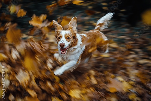 Dog joyfully running through autumn leaves in a vibrant park setting