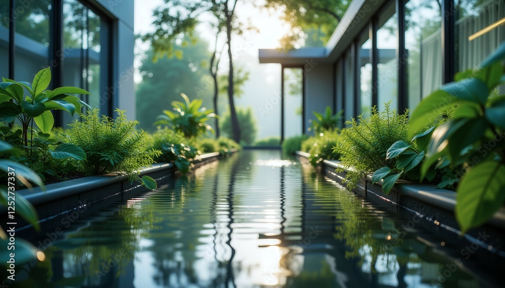 Obraz premium A reflection of a plant in a pond is shown in a glass room. The reflection is blurry and the pond is surrounded by moss