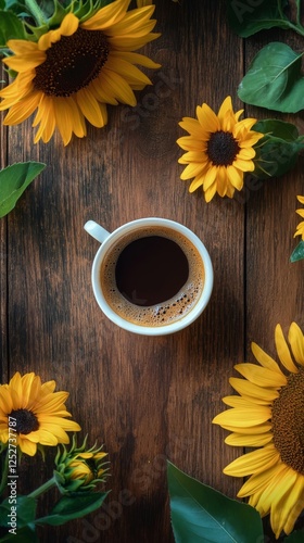 Enjoying coffee surrounded by vibrant sunflowers on a rustic wooden table in ...