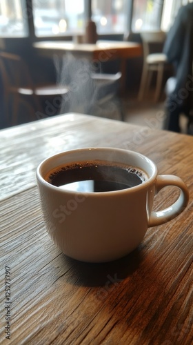 Steam rises from a freshly brewed cup of coffee on a wooden table in a cozy caf
