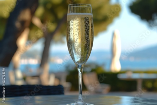 Sparkling drink in elegant glass at a restaurant with lush greenery in the ba...