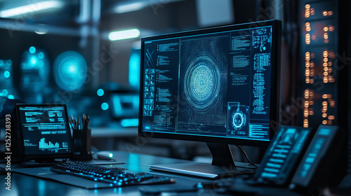 Wallpaper Mural create a realistic photograph of ok a futuristic workspace featuring a computer displaying AI algorithms, modern tech, and cool ambient lighting Torontodigital.ca