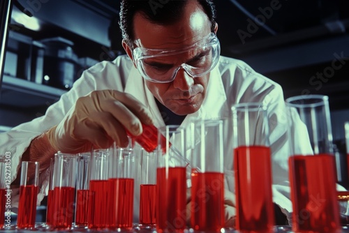 Scientist in laboratory carefully analyzing red liquid in test tubes during a...