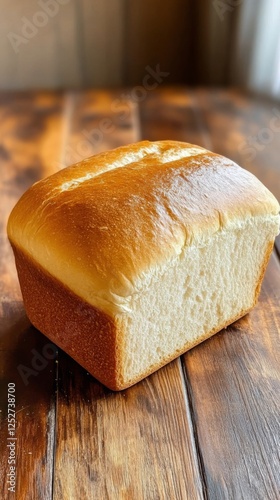 Freshly baked loaf of bread on wooden table in kitchen setting