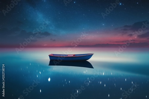 Calm boat resting on still water under starry night sky in a tranquil setting