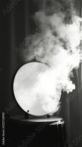Clouds surround a glowing sphere in a dramatic black and white display during...