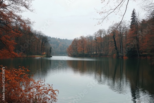 Autumn foliage reflecting in tranquil lake surrounded by lush greenery in a s...