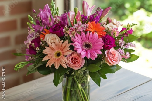 Bright flower arrangement in vase showcasing various blooms and colors in a s...