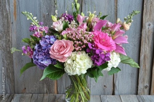 Bright flower arrangement in vase showcasing various blooms and colors in a s...