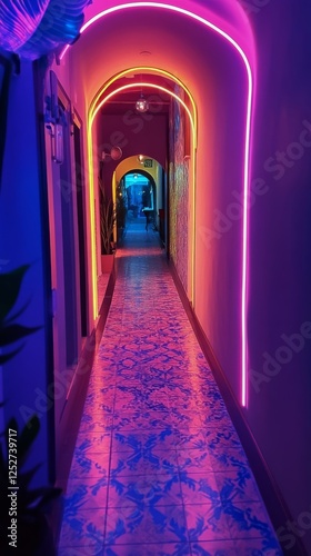 Bright neon corridor illuminated with pink and blue lights in a modern building