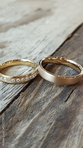 Close-up of two wedding rings on weathered wood background