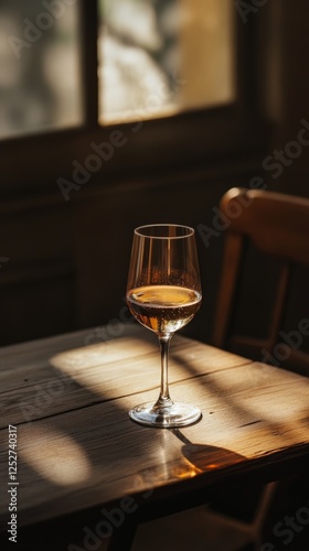 Golden wine glass resting on a wooden table illuminated by soft sunlight in a...