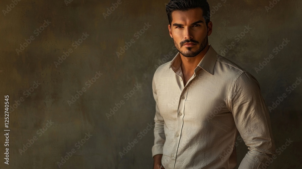 Portrait of a Handsome Man in a Beige Shirt Against a Rustic Background Portrait of a Handsome Man in a Beige Shirt Against a Rustic Background