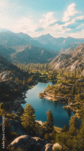 Serene mountain lake surrounded by lush greenery and rocky formations under a...