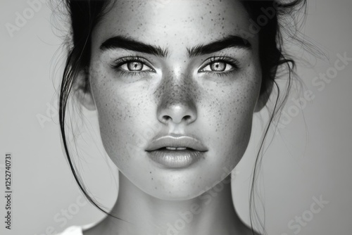 Portrait of a woman with freckles and wavy hair in monochrome