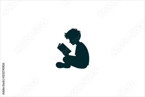 Silhouette Kid Boy Study Learning Reading Book Looking for Inspiration. Vector illustration.