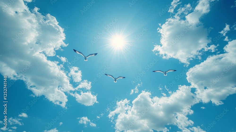 Soaring Freedom, Seagulls in a Sky of Azure and Sunlit Clouds, a Vision of Hope Soaring Freedom, Seagulls in a Sky of Azure and Sunlit Clouds, a Vision of Hope